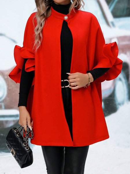 

Elegant Ruffle Sleeve Stand Collar Peplum Cloak, Red, Poncho and Capes