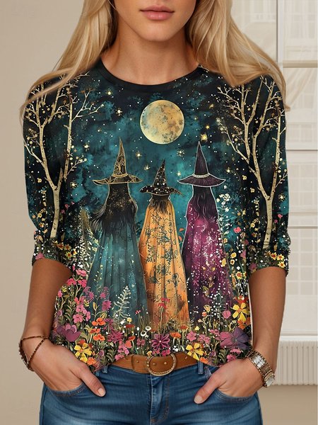 

Vintage Halloween Crew Neck Long Sleeve T-shirt, Dark blue, Blouses