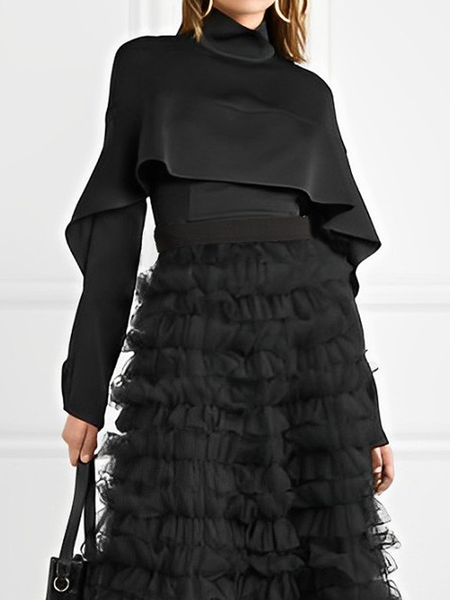 

Medium Elasticity Elegant Ruffle Sleeve Mock Neck Long Sleeve Regular Fit Blouse, Black, Blouses and Shirts