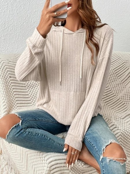 Casual Hoodie Striped Sweatshirt Zipper, Apricot, Hoodies & Sweatshirts