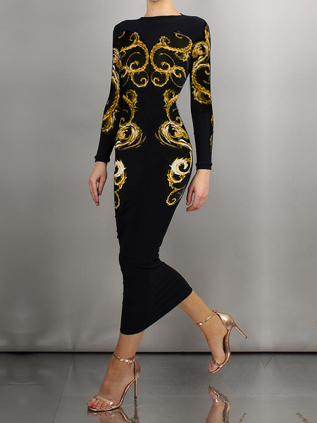 

Medium Elasticity Elegant Crew Neck Long Sleeve Tight Regular Sleeve Maxi Dress, Black, Maxi Dresses