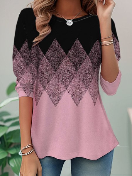 

Casual Geometric Crew Neck Long Sleeve T-shirt, Pink, T-shirts
