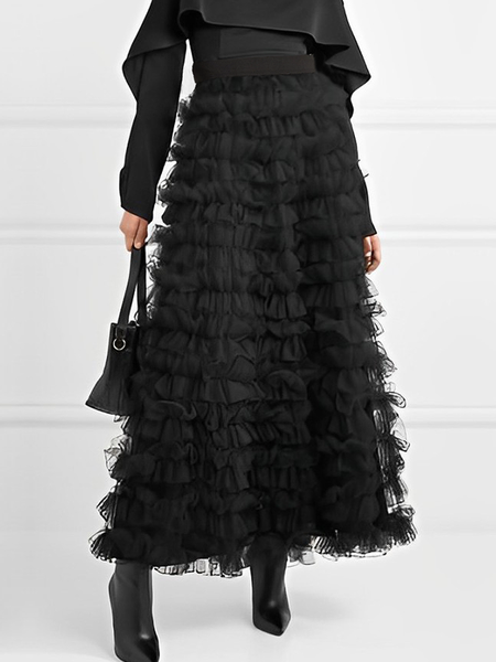 

Plain Loose Lace Elegant Maxi Skirt, Black, Skirts