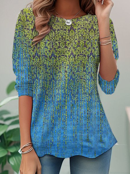 

Casual Ethnic Crew Neck Long Sleeve T-shirt, Green, T-shirts