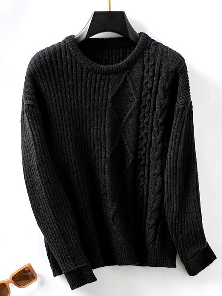 

Casual Loose Yarn/Wool Yarn Crew Neck Sweater, Black, Sweaters & Cardigans