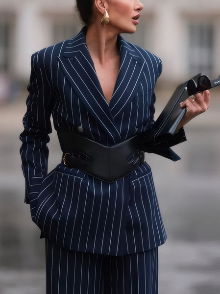 

Urban Striped Pocket Blazer With No Belt, Blue, Blazers