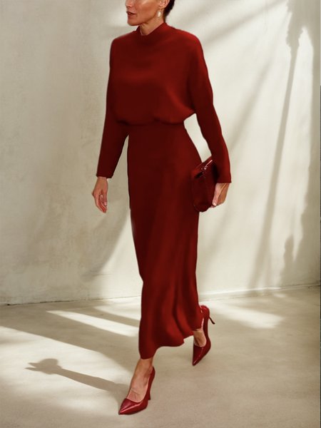 

Elegant Plain Mock Neck Regular Sleeve Dress, Red, Midi Dresses