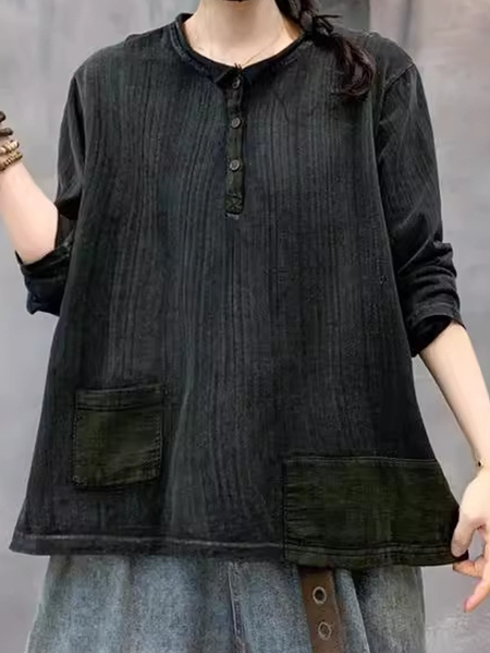 

Women Plain Crew Neck Linen Long Sleeve T-shirt, Black, Long Sleeves
