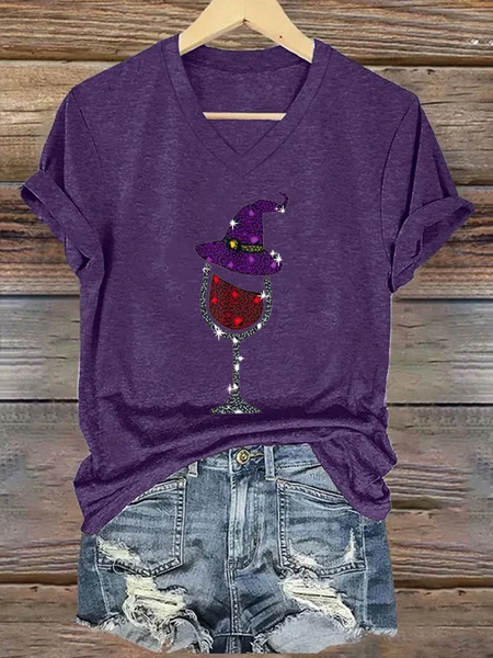 

Women's Witch and Wine Glass Print T-Shirt, Purple, T-shirts