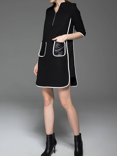 

Loose Regular Sleeve Urban Stand Collar Half Sleeve Color Block Mini Dress, Black, Mini Dresses