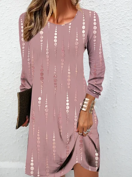 Geometric printed casual round neck dress, Dusty pink, Dresses