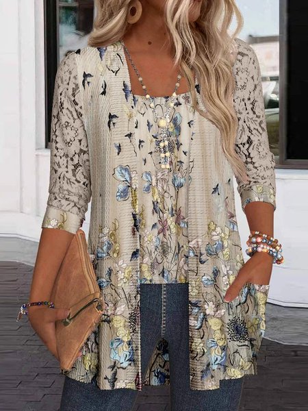 

Crew Neck Long Sleeve Floral Regular Micro-Elasticity Regular Fit Mock Two-Piece Blouse For Women, Khaki, Blouses