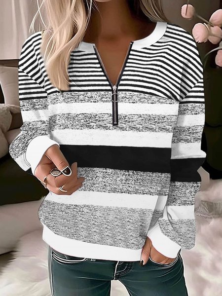 Casual Crew Neck Striped Sweatshirt Zipper, Black-grey, Hoodies & Sweatshirts