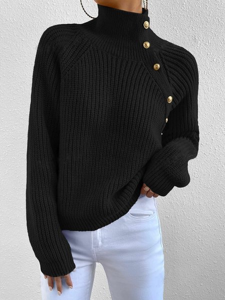 

Daily Buttoned Plain Casual Long Sleeve Sweater, Black, Pullovers