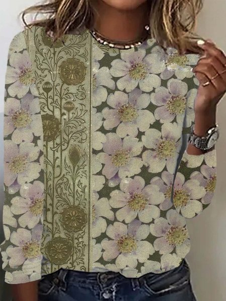 

Casual Floral Crew Neck Long Sleeve T-shirt, Green, T-shirts