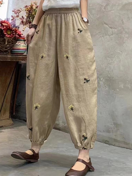 

Cotton And Linen Floral Loose Linen Pants, Khaki, Pants