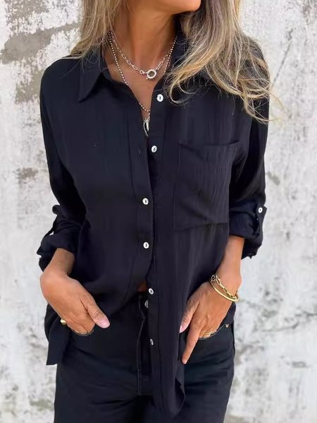 Loose Cotton Casual Shirt Collar Shirt, Black, Blouses & Shirts