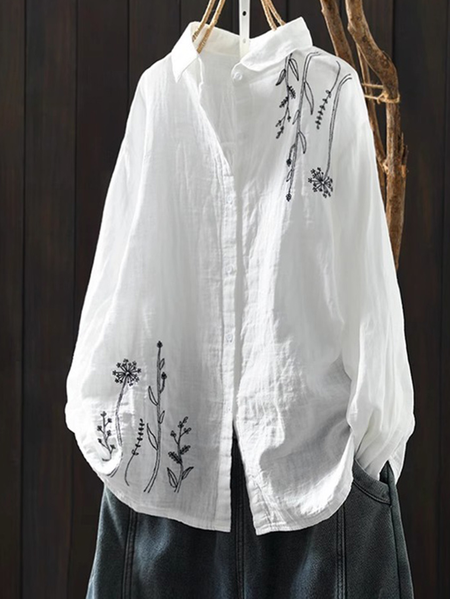 

Shirt Collar Embroidery Patterns Linen Shirt, White, Long/Full Length Sleeve