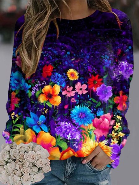 

Loose Floral Casual Sweatshirt, Black-blue, Hoodies&Sweatshirts