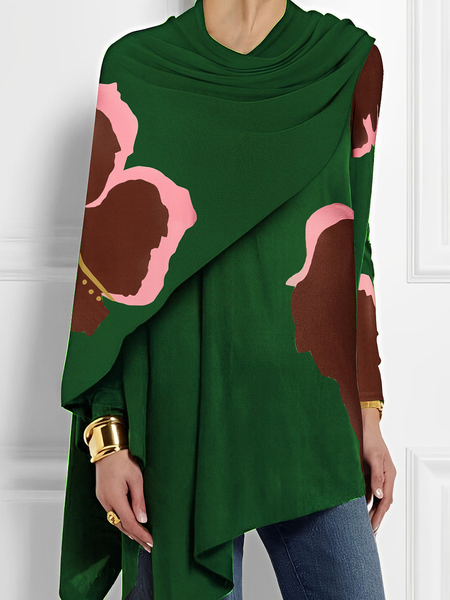 

Medium Elasticity Cowl Neck Long Sleeve Floral Casual Regular Sleeve Blouse, Green, Blouses and Shirts