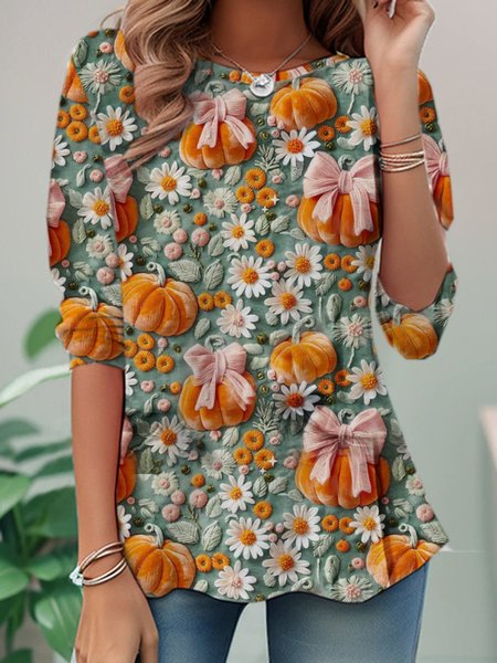 

Casual Halloween Pumpkins Print Crew Neck Long Sleeve T-shirt, Multicolor, T-shirts