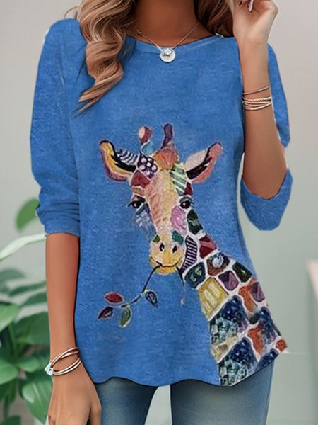

Casual Animal Crew Neck Long Sleeve T-shirt, Blue, T-shirts