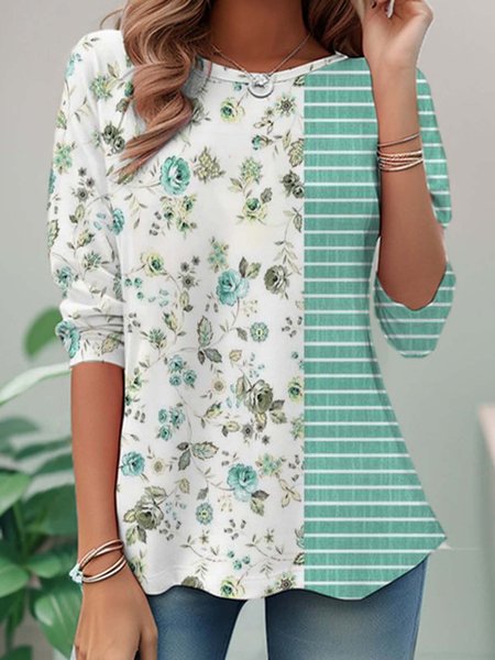 

Casual Floral Crew Neck Long Sleeve T-shirt, Blue, T-shirts