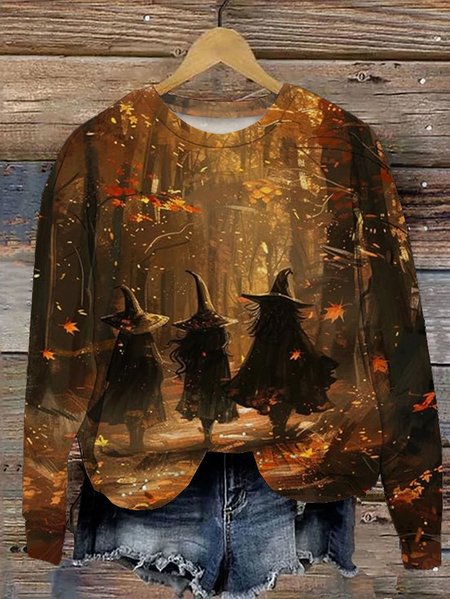 

Halloween Witch Print Round Neck Sweatshirt, Orange, Hoodies&Sweatshirts