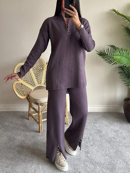 Knitted Plain Half Open Collar Casual Two-Piece Set, Purple, Suits