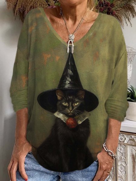 

Casual Halloween V Neck Long Sleeve T-shirt, Green, T-shirts
