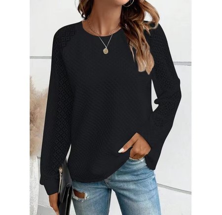 

Casual V Neck Plain Sweatshirt Lace, Black, Hoodies & Sweatshirts