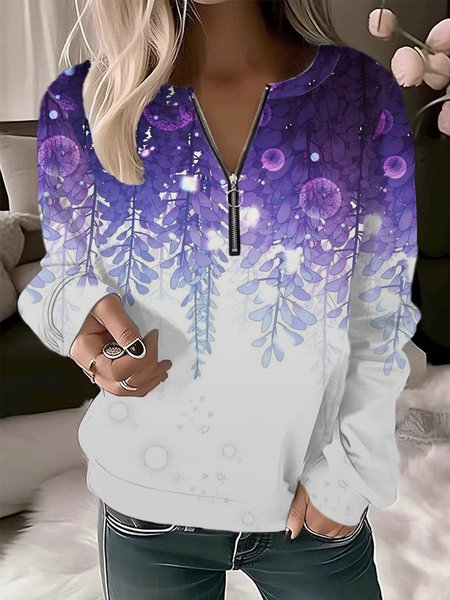 

Casual Crew Neck Floral Sweatshirt Zipper, Purple, Hoodies & Sweatshirts