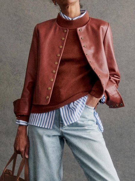 

Crew Neck Urban Buttoned Plain Faux Leather Coat, Red brown, Jackets