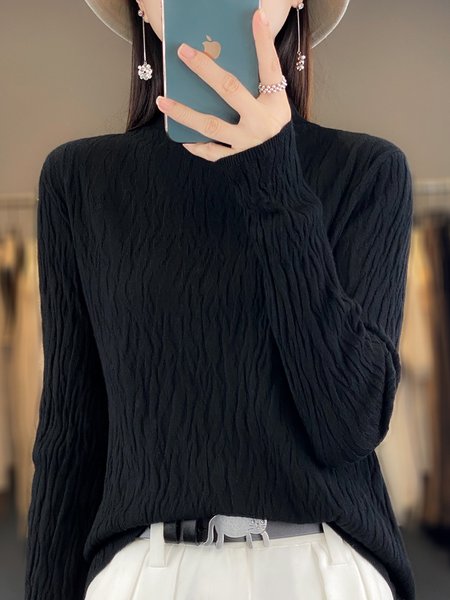 

Women's Spring/Fall Plain Casual Long Sleeve Mock Neck Wool/Knitting Sweater, Black, Sweaters