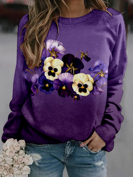 

Alzheimer's Crew Neck Loose Purple Floral Casual Sweatshirt, Hoodies&Sweatshirts