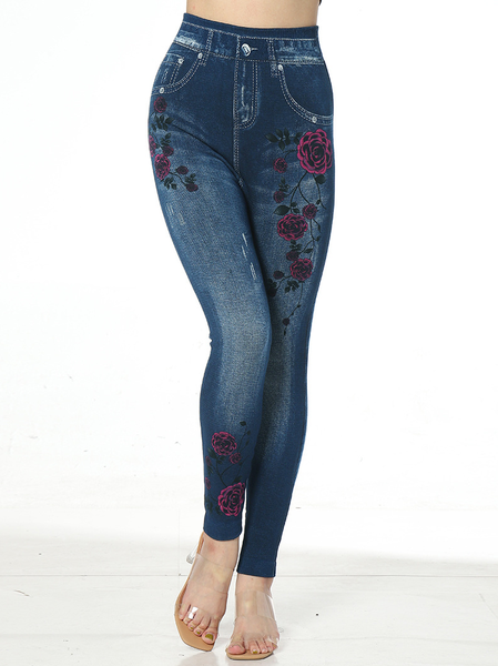 Tight Casual Floral High Elasticity Leggings, Red, Leggings