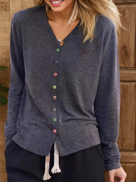 

Plain Linen V Neck Jersey Blouse, Dark blue, Long Sleeves