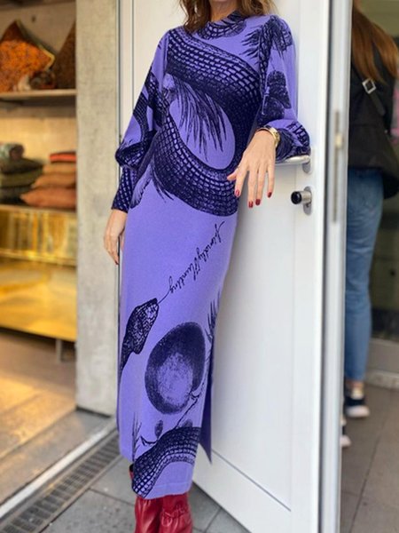 

Crew Neck Regular Sleeve Printing Urban Loose Dress, As picture, Maxi Dresses