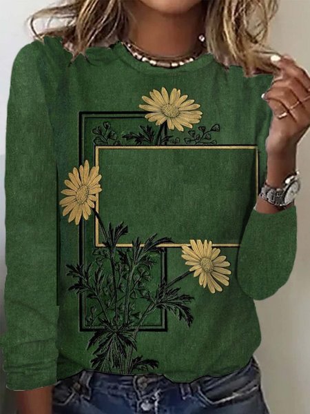 Casual Floral Crew Neck Long Sleeve T-shirt, Green, T-shirts