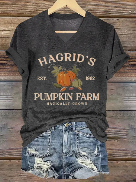 

Women's Hagrid'S Pumpkin Patch Print V Neck T-shirt, Deep gray, T-shirts