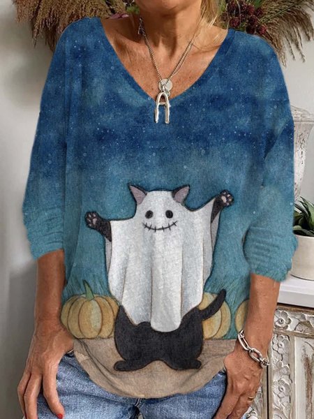 

Casual Halloween Ghost Prints V Neck Long Sleeve T-shirt, Blue, T-shirts