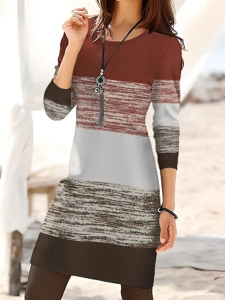 

Women Striped Long Sleeve Comfy Casual Mini Dress, Coffee, Dresses