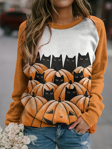 

Women's Crew Neck Halloween (pumpkin) Printing Vintage Spring/Fall Long Sleeve Sweatshirt, Orange, Sweatshirts & Hoodies