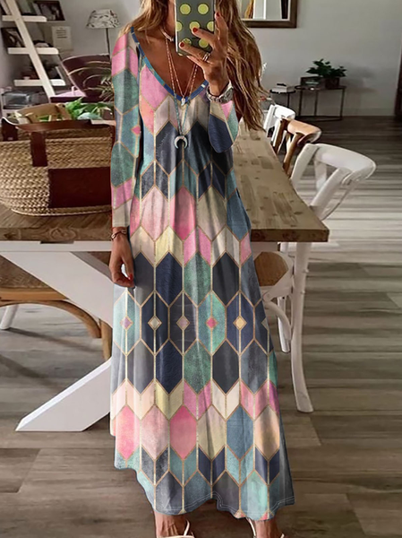 

Women Geometric Long Sleeve Comfy Casual Lace Maxi Dress, Pink, Dresses