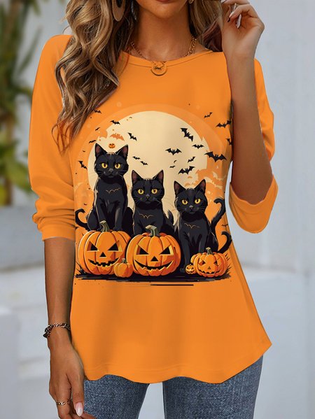 

Women's Long Sleeve Tee T-shirt Spring/Fall Cat Jersey Crew Neck Daily Going Out Casual Top, Orange, T-Shirts