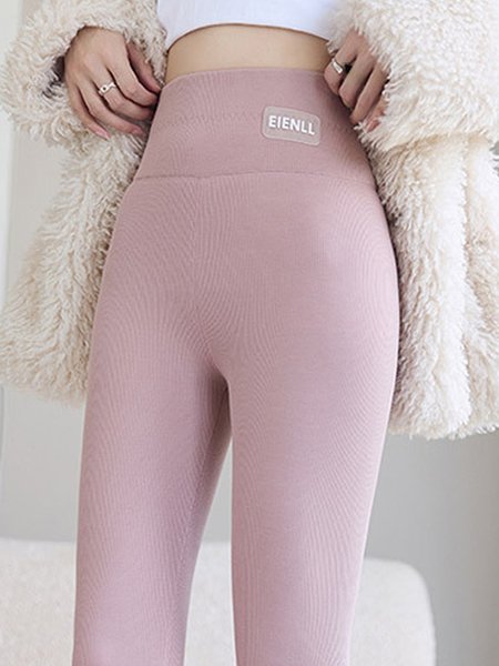 Fleece Casual Plain Leggings, Pink, leggings
