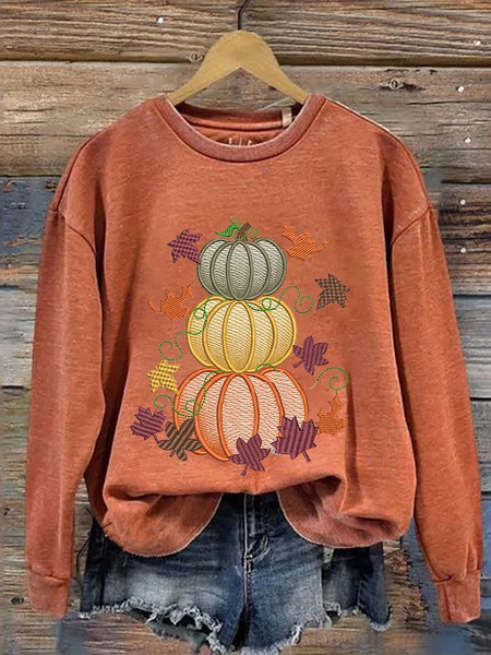 

Women's Thanksgiving Autumn Leaves Pumpkin Print Crew Neck Sweatshirt, Orange, Hoodies&Sweatshirts