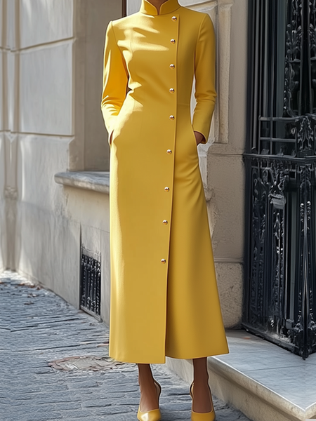 

Elegant Stand Collar Long Sleeve Maxi Dress, Yellow, Maxi Dresses