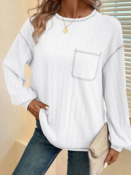 

Women's Long Sleeve Tee T-shirt Spring/Fall Plain Pocket Stitching Jersey Crew Neck Daily Going Out Casual Top, White, T-Shirts