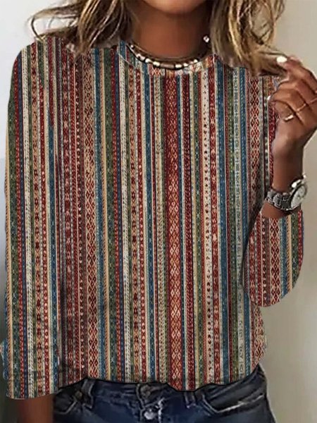 Casual Crew Neck Loose Ethnic T-Shirt, Red brown, Long sleeves